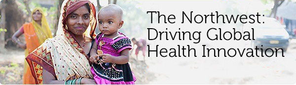 A woman hearing a head scarf holding a child in her arms. Text overlay says "The Northwest: Driving Global Health Innovation."