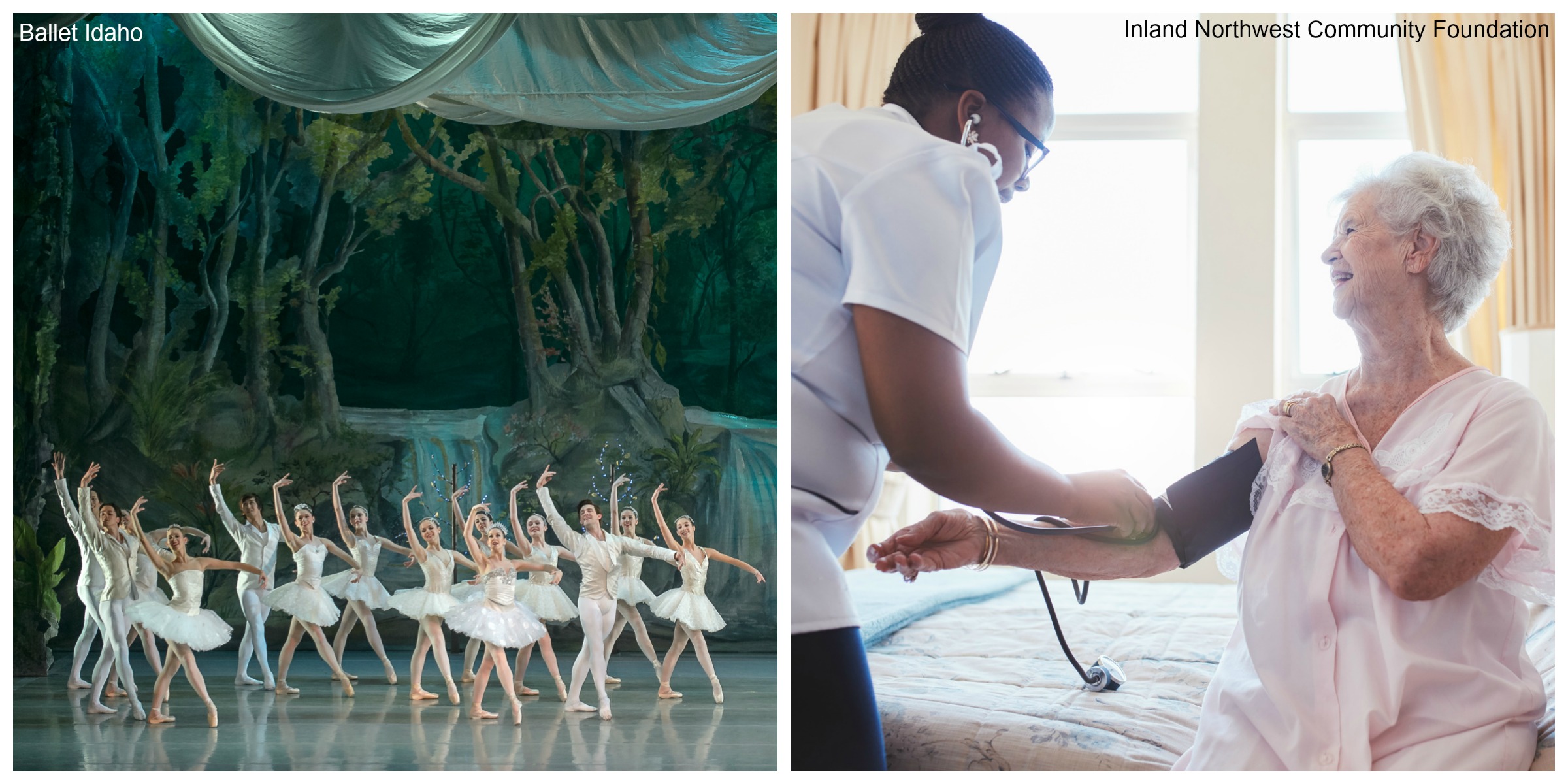 Image 1: a group of ballerinas perform onstage to a stage backdrop of green trees and a waterfall. Text overlay says "Ballet Idaho." Image 2: a woman with gray hair sits on a bed and smiles while a nurse with dark hair and glasses takes her blood pressure.