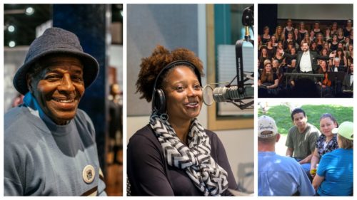 Image 1: a man wearing a gray hat and a blue sweatshirt smiles for the camera. Image 2: a woman wearing a black and white striped scarf wearing headphones speaks into a studio microphone. Image 3: a conductor with an orchestra behind him. Image 4: four adults have a conversation outside.