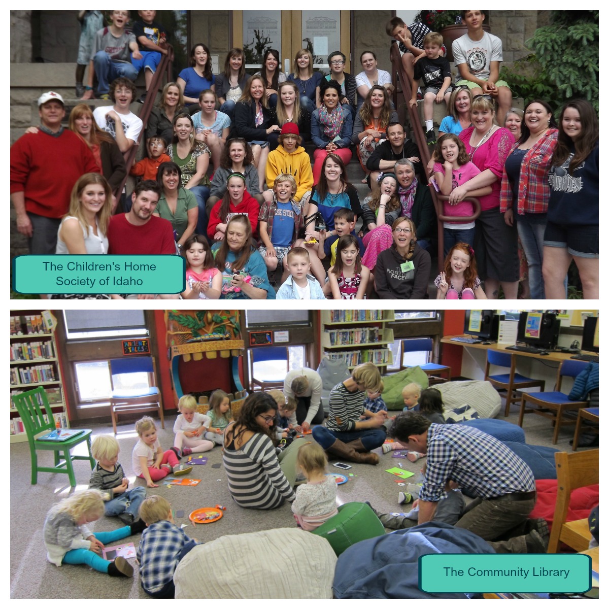 A large group of people smiles for the camera in front of a home. Text overlay says "The Children's Home Society of Idaho." Image 2: A group of young children sit in a circle on the floor playing with adults inside a classroom. Text overlay says "The Community Library."