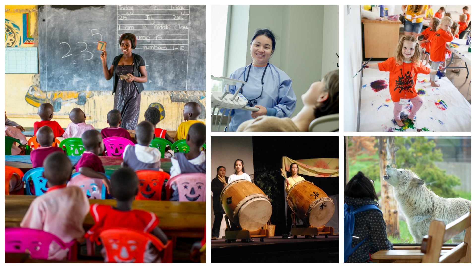 Image 1: a woman with dark hair wearing a gray dress and sweater holds up a small letter 7 in a classroom while a group of students looks at her. Image 2: a nurse wearing blue scrubs with a stethoscope around her neck smiles at a female patient. Image 3: two girls  play two large drums on stage with a banner and a woman behind them. Image 4: a young girl wearing an orange t-shirt plays on a mat with paint on her hands and feet. Image 5: a woman with short dark hair wearing a blue backpack looks at a howling wolf in a zoo exhibit.