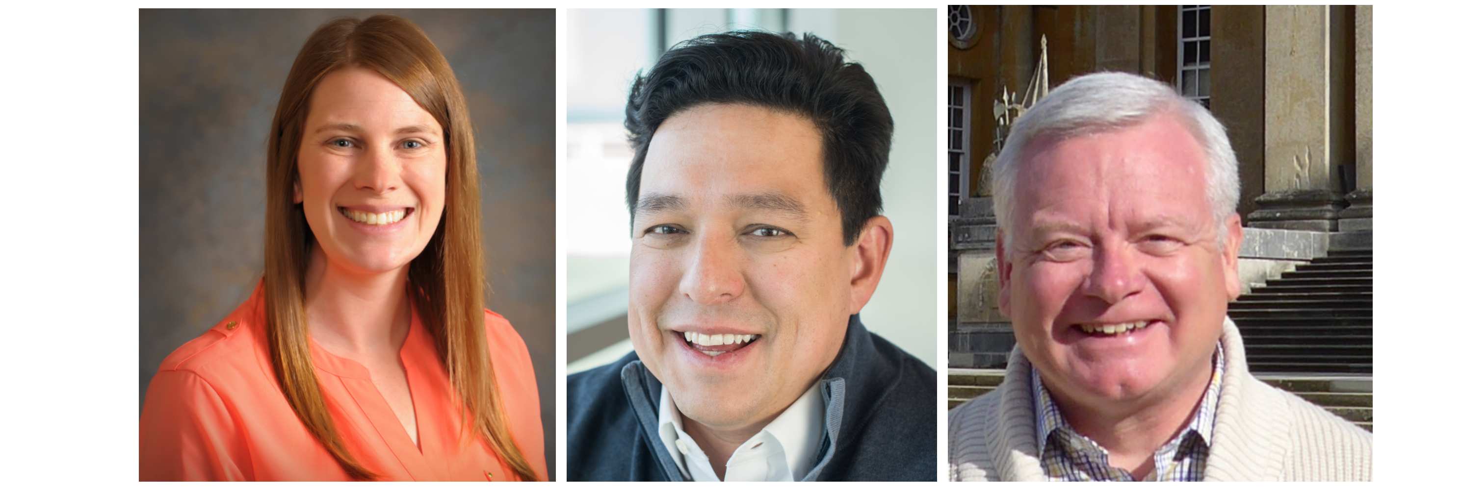 Image 1: a woman with long red hair wearing an orange shirt smiles at the camera. Image 2: a man with black hair wearing a white shirt and dark sweater smiles at the camera. Image 3: a man with white hair smiles at the camera.