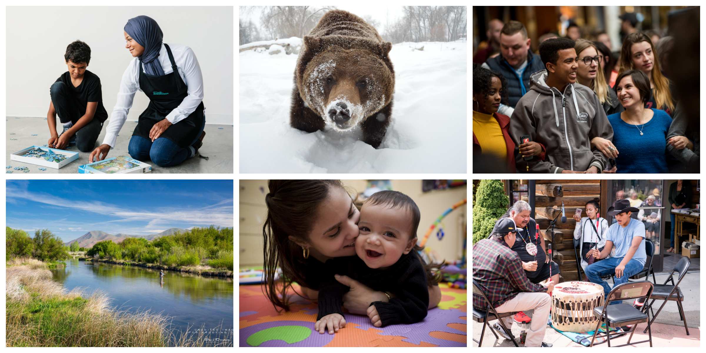 Image 1: a woman and a young boy do a puzzle together on the floor. Image 2: a tree-lined body of water with mountains in the background. Image 3: a brown bear in the snow looks at the camera. Image 4: a woman hugs a young boy on a play mat. Image 5: a crowd of people with linked arms smile. Image 6: four adults sit around a drum.