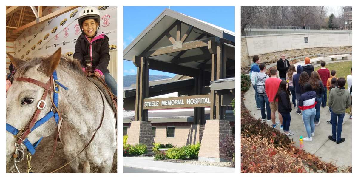 Image 1: a young girl wearing a helmet sitting on a horse. Image 2: the entrance to Steele Memorial Hospital. Image 3: a group of students listening to a lecture outside.