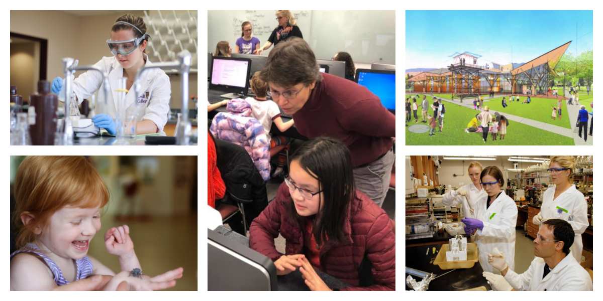 Image 1: a woman wearing a white lab coat and protective goggles performs a science experiment. Image 2: a young girl holds laughs while holding a beetle in her hand. Image 3: an adult looks over a student's shoulder at a computer screen. Image 4: a sketch of a new Conservation Legacy Center. Image 5: four people wearing white lab coats and protective goggles work together in a lab.