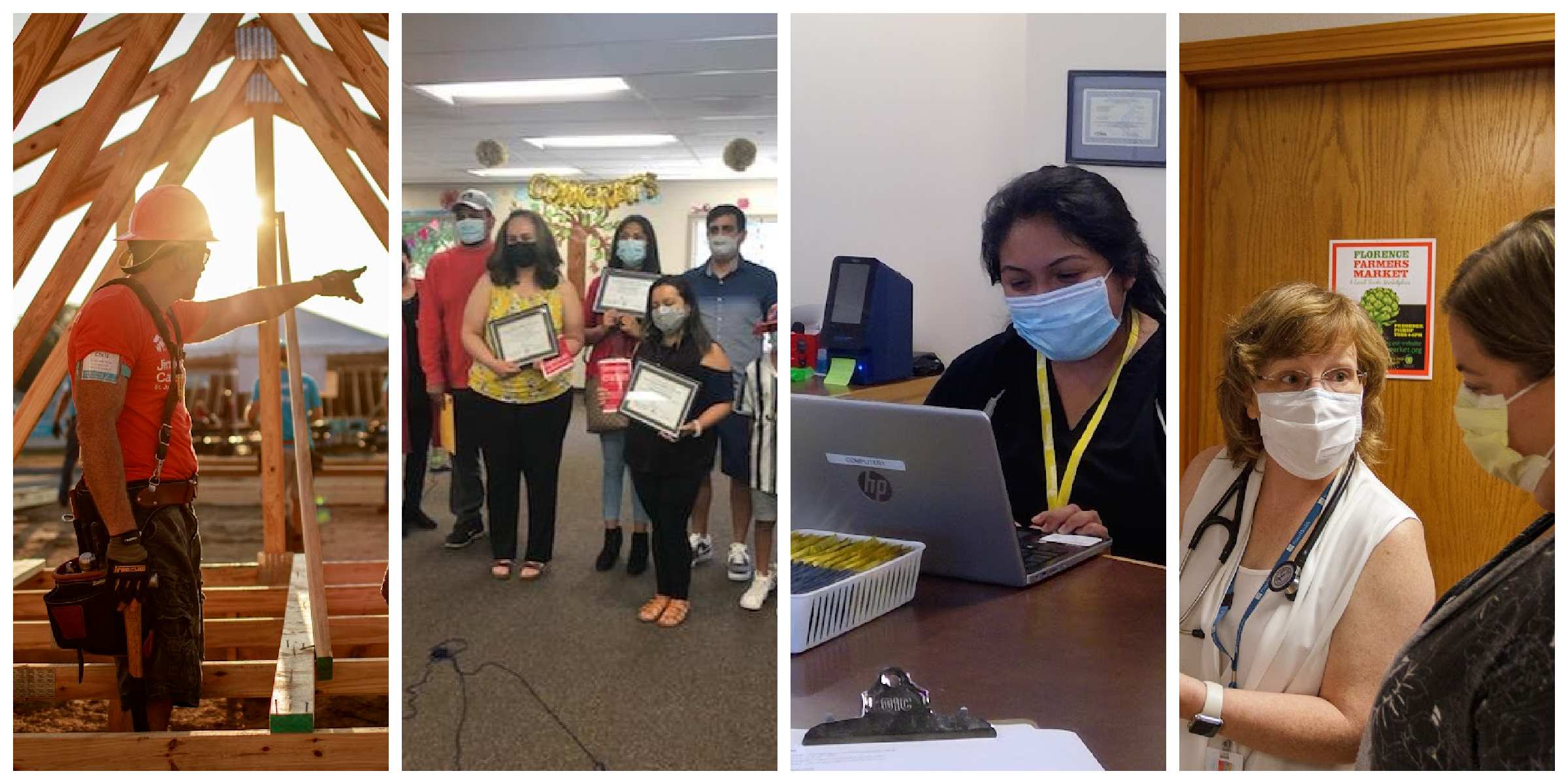 Image 1: a man wearing a hard hat points to something while standing in a construction site. Image 2: five adults hold certificates with a "Congrats" banner behind them. Image 3: a woman with dark hair wearing a mask works on a laptop. Image 4: a medical professional talks to a woman.