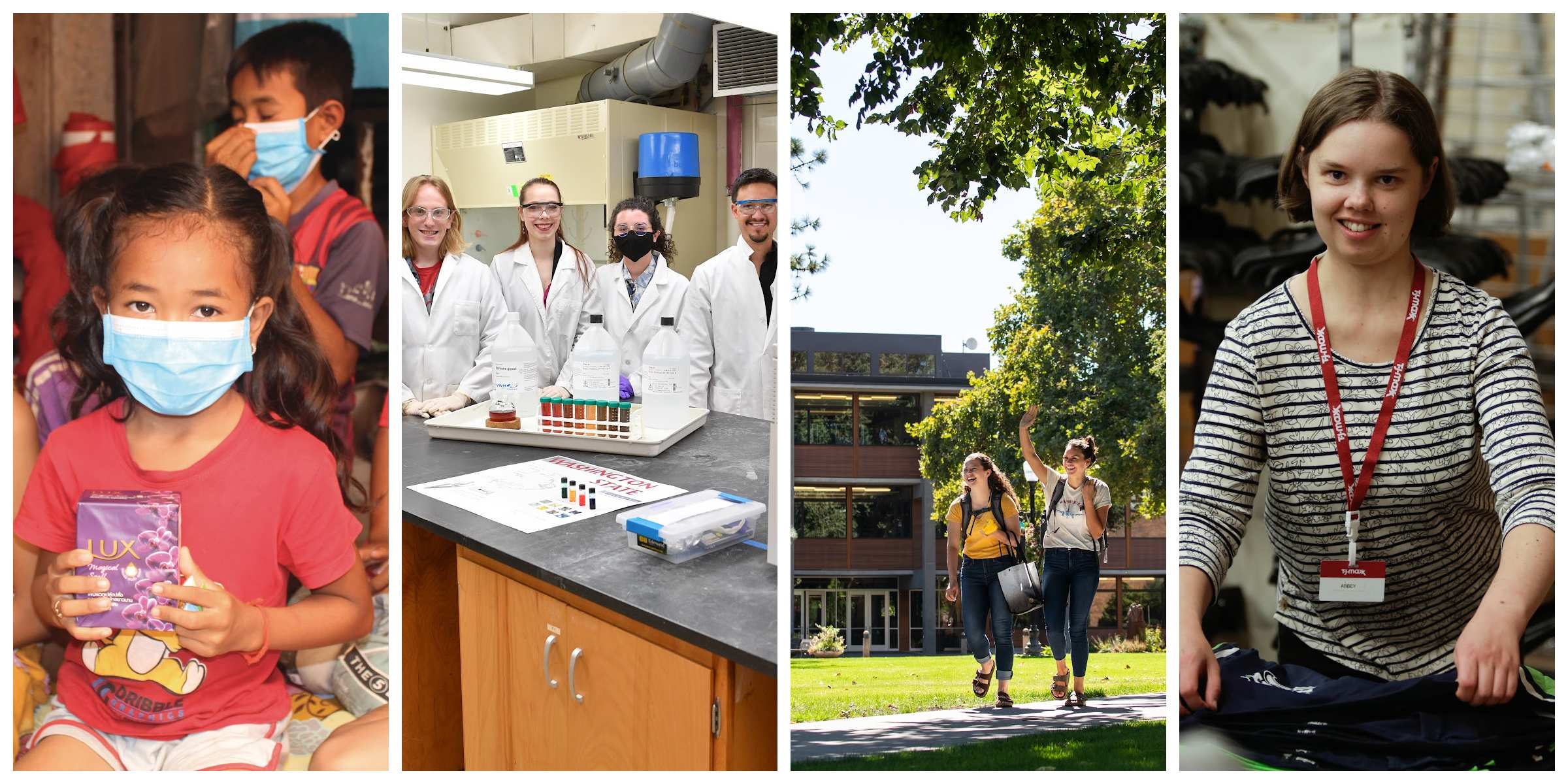 Image 1: a young child wearing a mask holds a small purple box. Image 2: four scientists wearing white lab coats smile for the camera inside a lab. Image 3: two female college students wave to someone while walking across campus. Image 4: a young woman wearing a striped shirt smiles for the camera while folding a shirt.