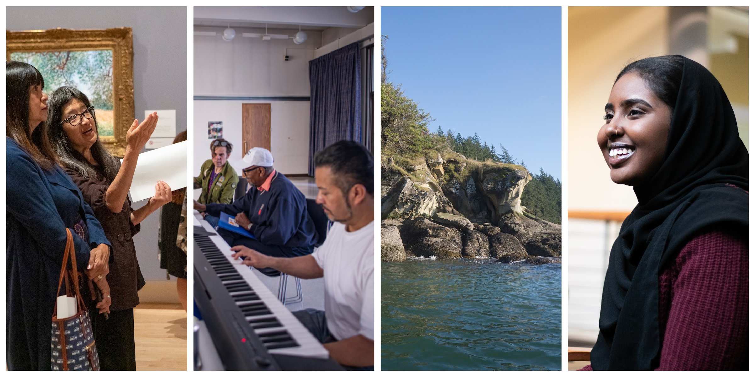 Image 1: two woman talk while looking at a painting in an art museum. Image 2: three adults play piano. Image 3: a rock formation next to water. Image 4: a woman with dark hair wearing a hijab smiles at something off-camera.