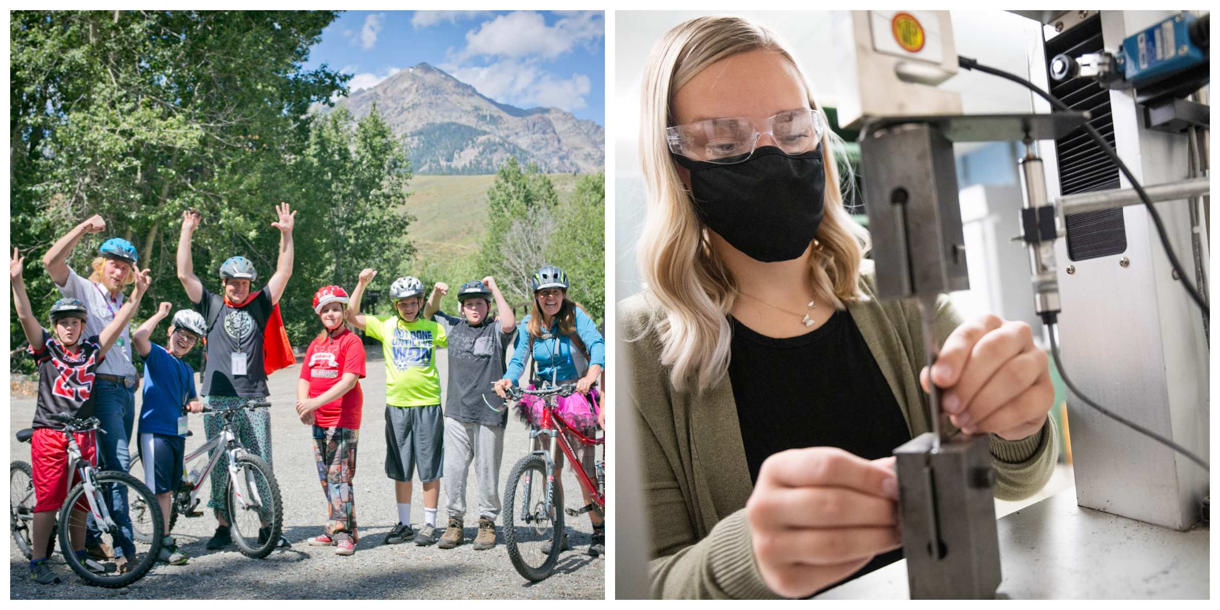 Image 1: a group of children and adults wearing helmets stand next to their bikes outside. Image 2: a woman with blond hair uses 3D imaging equipment.