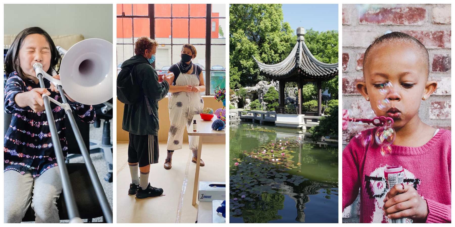 Image 1: a young girl blows into an instrument. Image 2: a man and a woman have a conversation inside an artist studio. Image 3: a pagoda in a Japanese garden. Image 4: a young child wearing a pink sweater blows bubbles toward the camera.