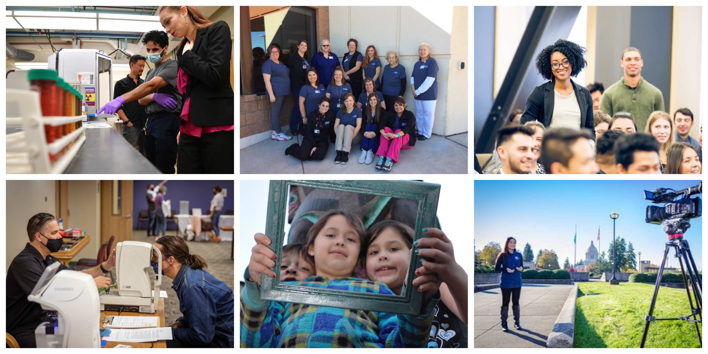 Image 1: Two people look at something on a desk in a lab with another person in the background. Image 2: A group of nurses smile for the camera outside a building. Image 3: A man and a woman standing up in the middle of a seated audience. Image 4: A woman gets her eyes checked through a machine by a man. Image 5: three children look through a picture frame. Image 6: A woman stands outside while a camera films her.