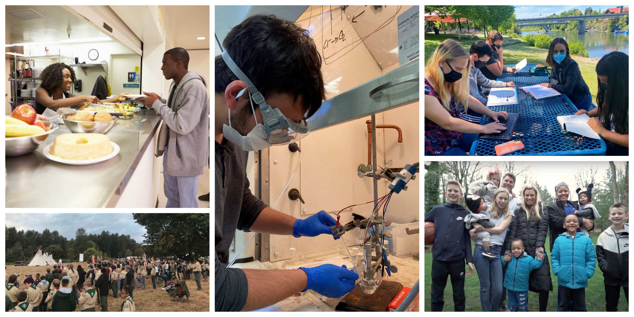 Image 1: A woman hands a plate of food to a man over a counter. Image 2: A crowd of people stand outside with tents in the background. Image 3: a man wearing protective goggles performs a scientific procedure. Image 4: a group of students wearing masks doing homework on a picnic table outside. Image 5:  a family with nine children smile for the camera while standing outside.