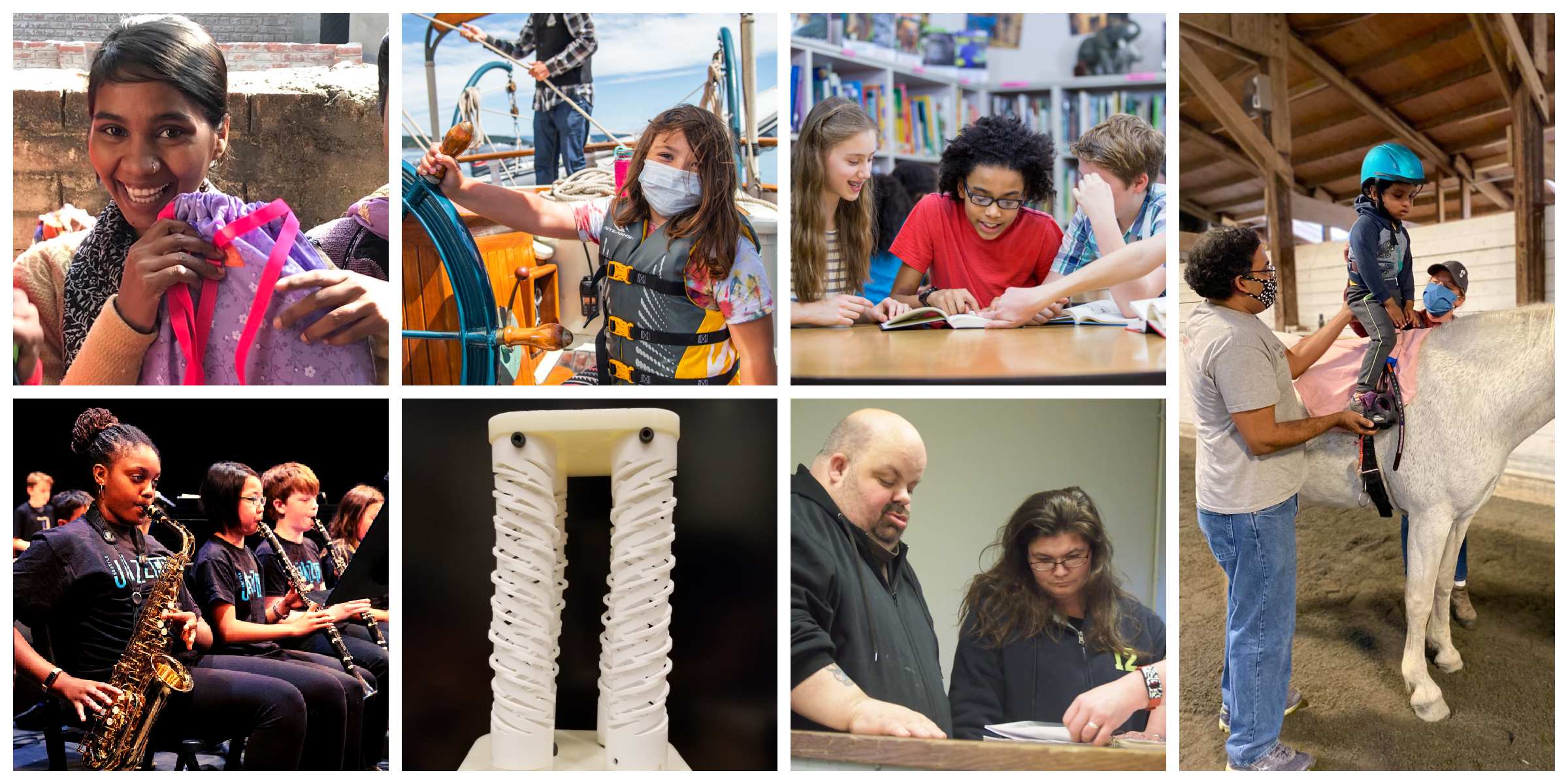 Image 1: a woman smiles for the camera while holding a hand-sewn item. Image 2: A group of children playing instruments. Image 3: A child wearing a life vest sitting inside a boat. Image 4: A piece of Photonic Sensing Equipment. Image 5: Three students read a book together with bookshelves behind them. Image 6: A man and a woman look at a piece of paper together. Image 7: A young child wearing a helmet sitting on a horse, with two adults assisting.