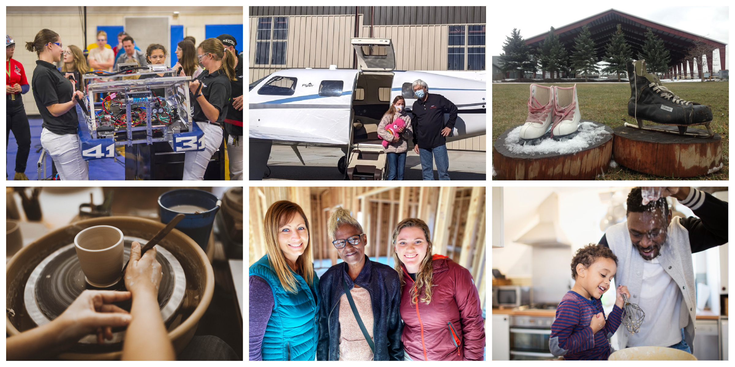 Image 1: a group of people holding a piece of technology during a competition. Image 2: a man and a young girl holding a pink teddy bear pose in front of a plane. Image 3: one pair of ice skates and one single ice skate on log stumps in front of an ice rink. Image 4: someone's hands doing ceramics. Image 5: three women smile for the camera on a construction site. Image 6: a man and a young boy bake inside a kitchen.