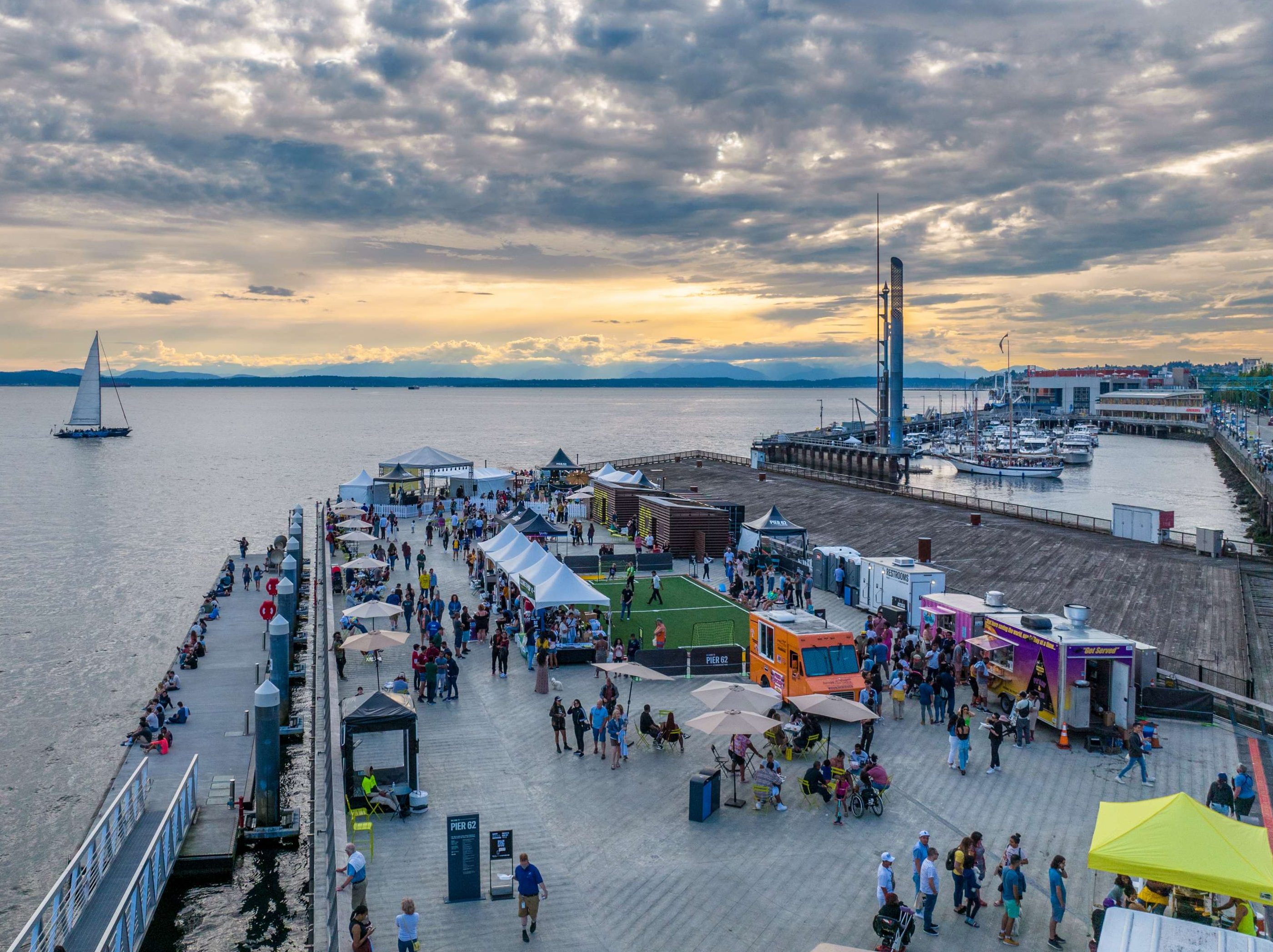 An aerial shot of waterfront park