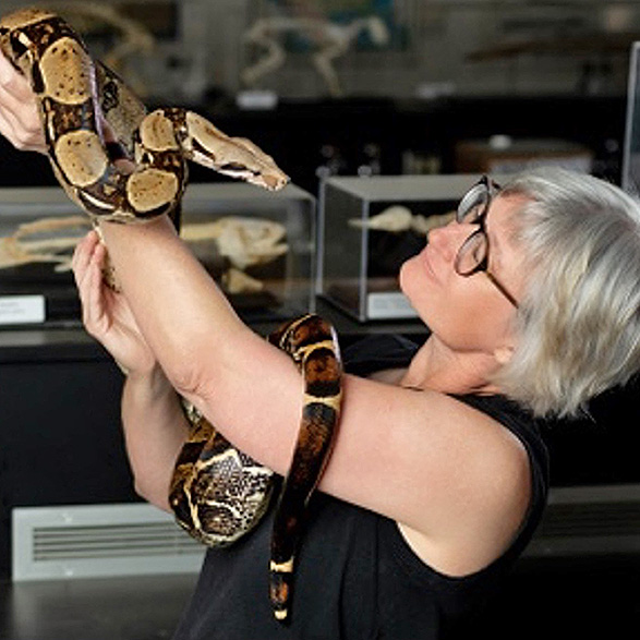 Dr. Kate Jackson, a woman with short blond hair wearing glasses and holding a snake in her arms.