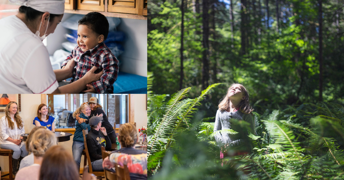 Collage of three photos. Top left: Doctor with male toddler smiling; Bottom left: Group of people sitting at tables with two adult females hugging; Right: young girl in the middle of a sunny green forest with her face tilted towards the sun